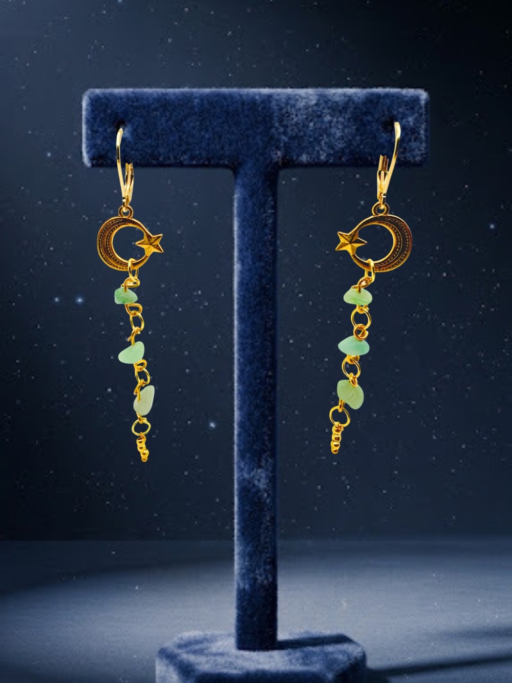 Earthy Celestial Gold Moon & Green Aventurine Drop Earrings | Fairycore
